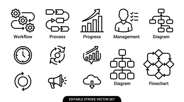 Business workflow and management line icon set.