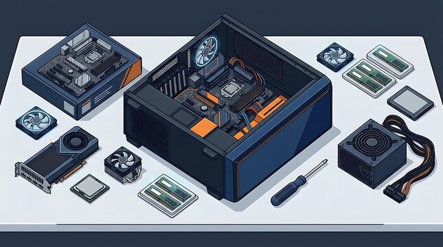Various computer components and hardware parts for a custom desktop