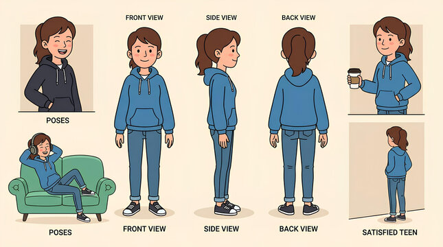 Character design sheet of teenage girl.