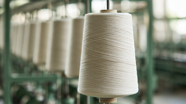 Industrial yarn bobbins on a textile machine. Concept for manufacturing, clothing industry and fabric production.