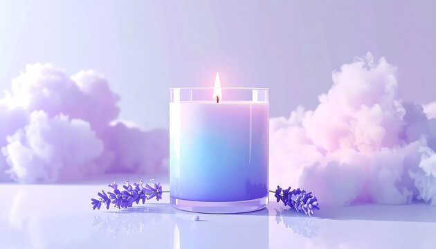 Dreamy lavender scented candle with soft purple clouds and lavender sprigs.