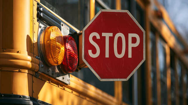 A close-up of a yellow school bus stop sign extended for safety. Traffic rules and student transportation concept.