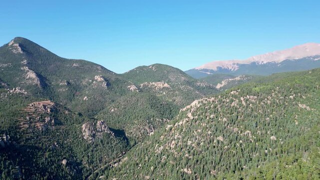 Dramatic aerial mountain views of Pikes Peak from Manitou Springs