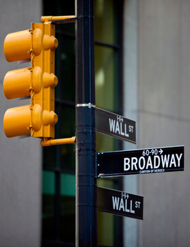 A new York City signpost for Wall Street and Broadway