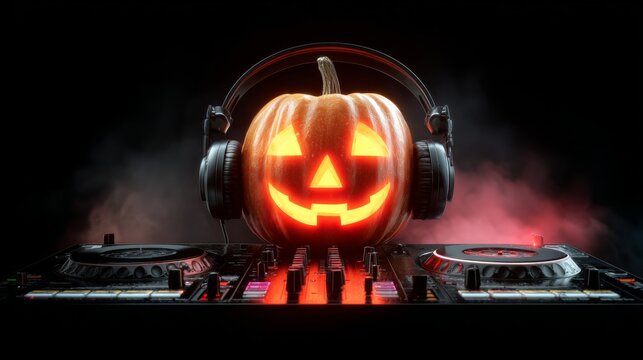 Haunted melodies: a pumpkin's journey into musical realms. Lifestyle shot. Eerie halloween pumpkin on dj setup with a hint of mysterious blue light. Advertising photo. Visual identity.