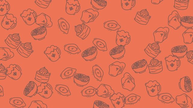 Coffee mugs and cupcake illustrations form a charming culinary pattern on a warm coral colored background.