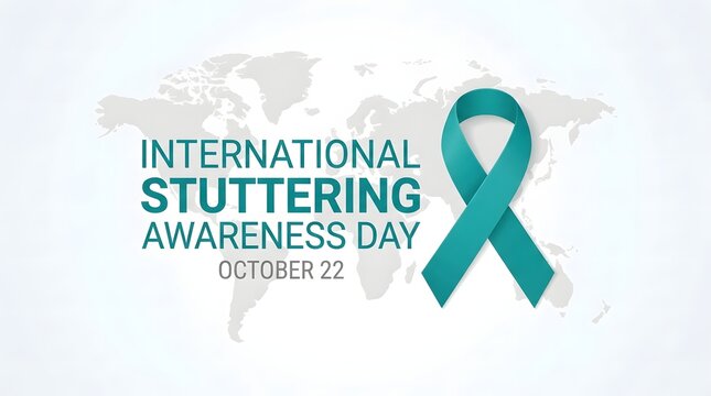 International stuttering awareness day design featuring a teal awareness ribbon and a world map background for global health education campaigns