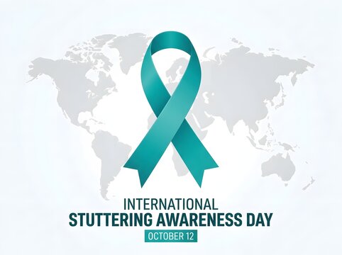 International stuttering awareness day concept with a teal ribbon symbol placed over a world map background for global health education