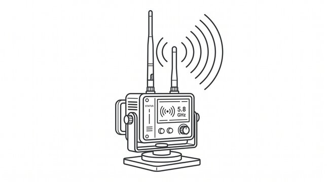 ​Wireless video transmitter line art vector illustration with dual antennas and 5.8 GHz signal frequency isolated on white background