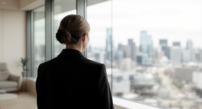 Back view of a confident female leader standing in a modern corporate boardroom at sunset, looking out the large window toward the city skyline to plan future business growth and success