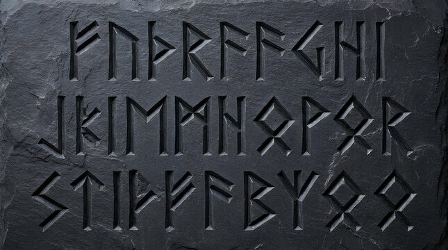 Ancient Norse runes carved into dark black stone.