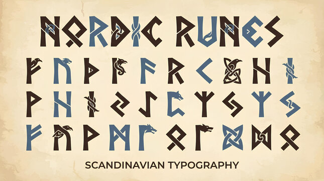 Ancient Nordic rune alphabet collection on parchment background.