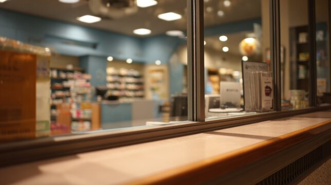 Focused medium shot of the pickup window in a HMO pharmacy showing clear separation by a glass barrier while medication shelves and counters softly fade into the background.