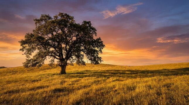 Lone oak tree in golden meadow at sunset