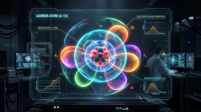 Atomic structure visualization on a futuristic screen. Science and technology concept with a person working in the background