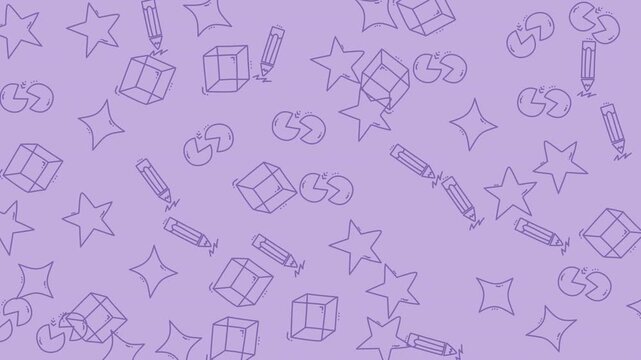 Stars and cube structures form a whimsical pattern design on a light violet colored background surface.