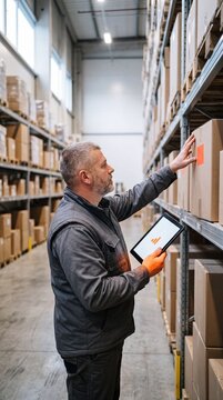Warehouse worker scanning shelf with tablet over the shoulder