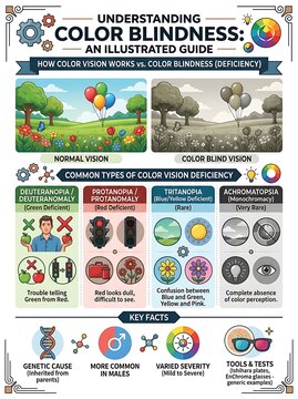 Educational infographic about types and causes of color blindness
