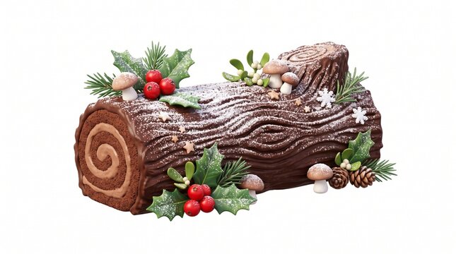 Festive Chocolate Yule Log Cake Decorated with Holly Berries Mushrooms and Snowflakes Isolated on White Background