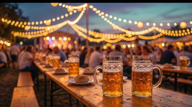 Large beer mugs on a wooden table at an outdoor evening festival with string lights