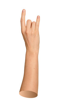 Caucasian hand gesturing rock on devil horns symbol for music band advertising. Natural skin limb