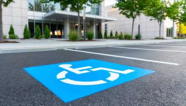 A bright blue handicap wheelchair symbol painted on a clean asphalt parking lot in front of a modern corporate building entrance, representing public accessibility and corporate inclusion