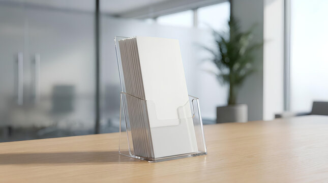 Acrylic brochure holder on wooden office desk.