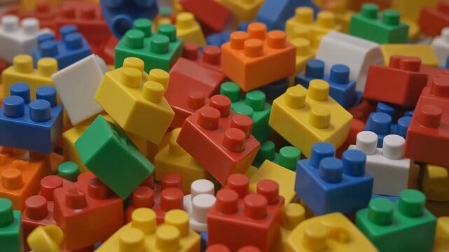 "Pile of colorful plastic building blocks in red, yellow, blue, green, orange, and white, symbolizing creativity, construction play, and imaginative design through versatile stud-and-tube connections.