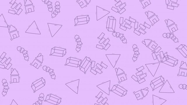 Houses and geometric shapes create a playful pattern on a soft lavender background for creative projects.