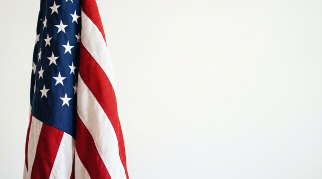 A vertically hanging american flag positioned on the left side with a clean white background and copy space