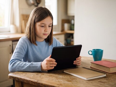 Girl solving a math problem on a tablet at kitchen table