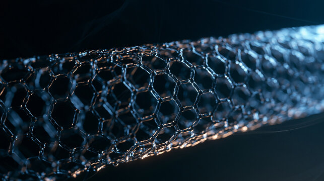 A close-up of a carbon nanotube structure glowing in dark space. Advanced technology and materials science research.
