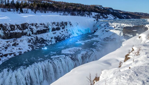 Powerful Frozen Waterfall Cascading Through Snow-Covered Gorge Under Bright Blue Sky