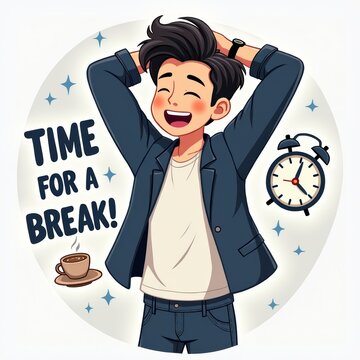 Happy Young Man Taking Break Relaxing with Alarm Clock and Coffee Cup Illustration