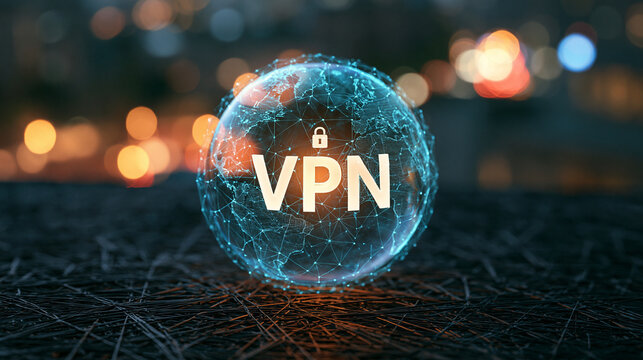 A glowing digital globe with a VPN icon against a dark background. Cyber security and internet data privacy concept.