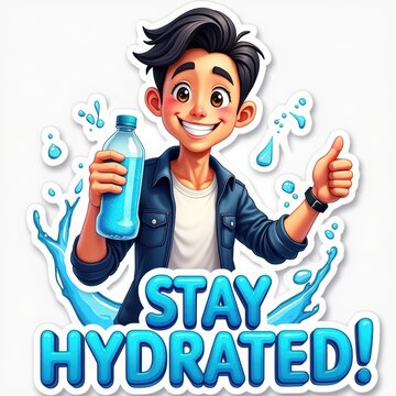 Young Man with Water Bottle Giving Thumbs Up and "Stay Hydrated" Message