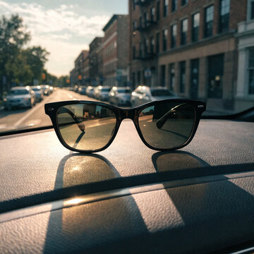 Classic sunglasses on a car dashboard. Stylish eyewear resting inside a vehicle.