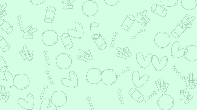 Background pattern showcases light green outlines of hearts and cylinders for modern creative projects.
