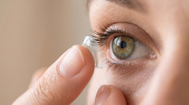 Close up view of a woman inserting a contact lens into her eye