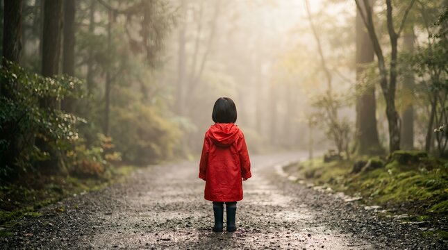 Child in red raincoat standing on a serene forest path in nostalgic Japan.