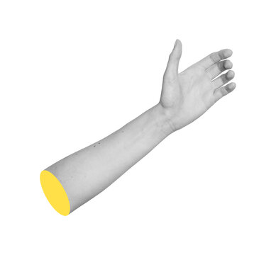 Grayscale left hand outstretched with spread fingers to hold unseen product. Monochrome palm angled