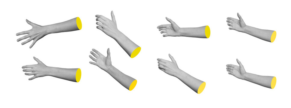 Grayscale set of hands holding unseen objects and reaching out. Monochrome collection of interactive