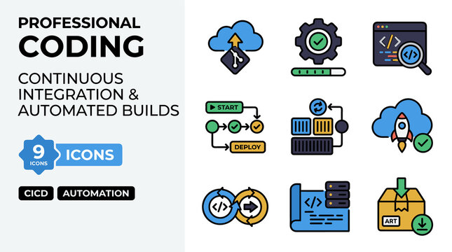 Set Of Pixel Art Icons For Professional Coding Continuous Integration And Automated Builds