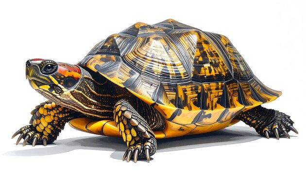 Ornate patterned shell turtle, detailed scales and bright markings, captured in studio, full body profile