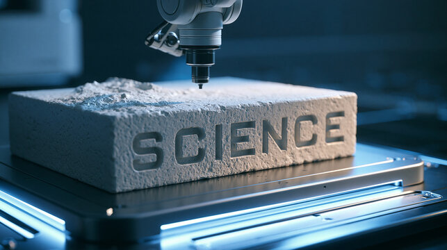 Industrial robotic arm laser engraving science on stone block. High-tech manufacturing concept for innovation and.