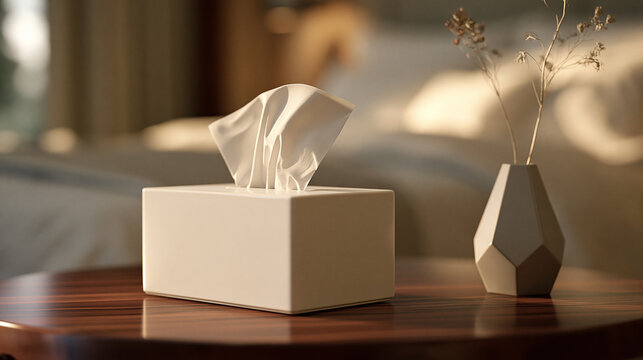 A white tissue box on a wooden table with a small vase. Concepts of home decor, hygiene, and wellness.