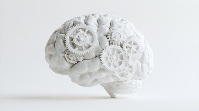 White human brain model with gears isolated on white background. Symbolizing complex thinking and intelligence.
