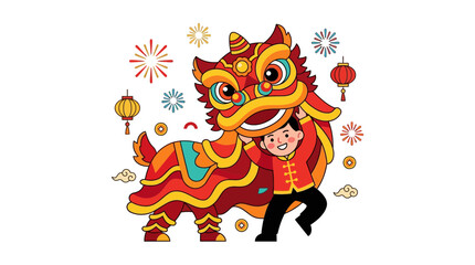 Naklejka premium Chinese Lion Dance Celebration with Boy and Firework