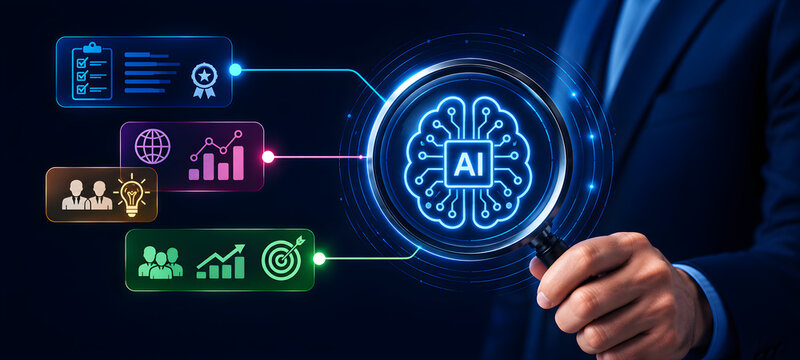 Businessman holding magnifying glass inspecting glowing technology brain chip icon with connected business performance metrics

