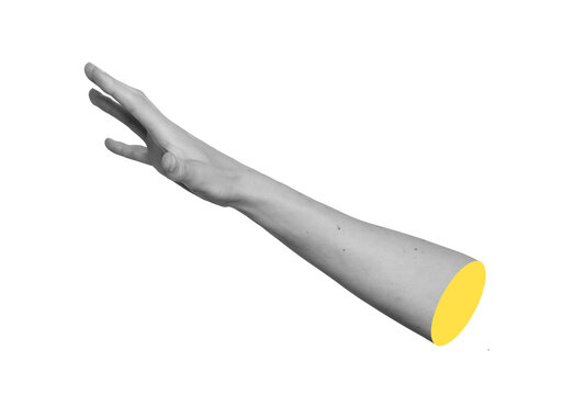 Monochrome arm extended side view reaching out to grab or catch something in air. Grayscale hand